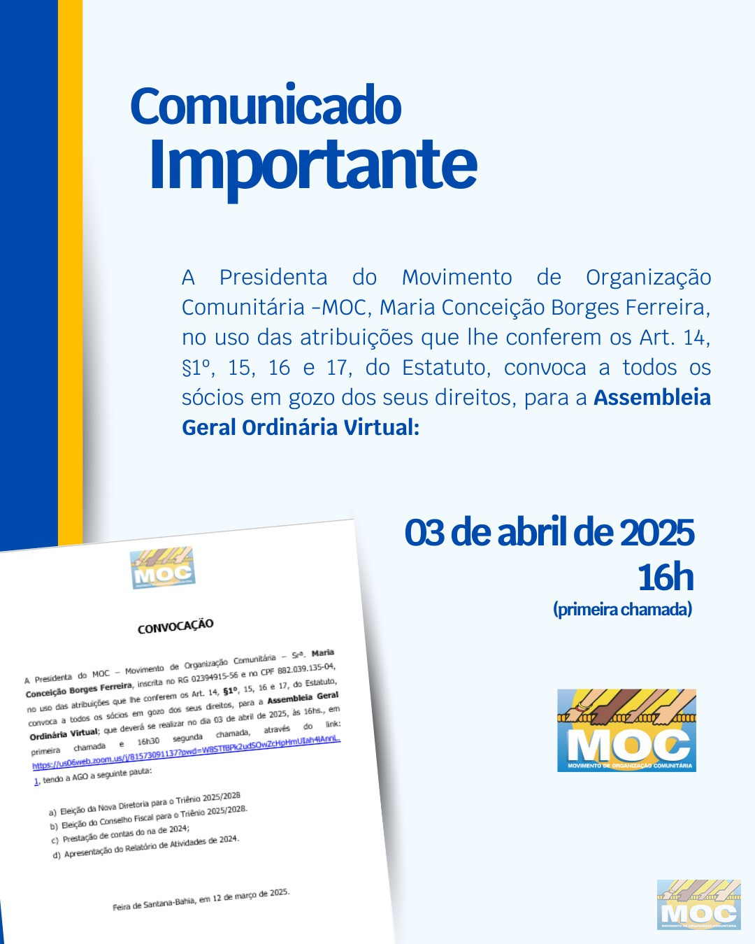 MOC convoca Assembleia Geral Ordinária para eleição da nova diretoria
