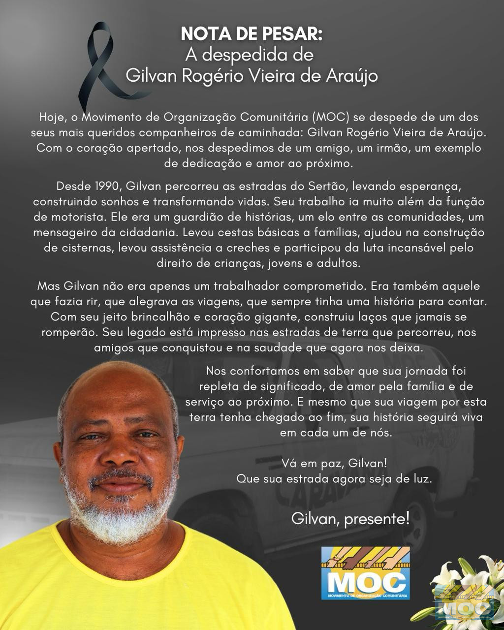 Nota de Pesar: A despedida de Gilvan Rogério Vieira de Araújo