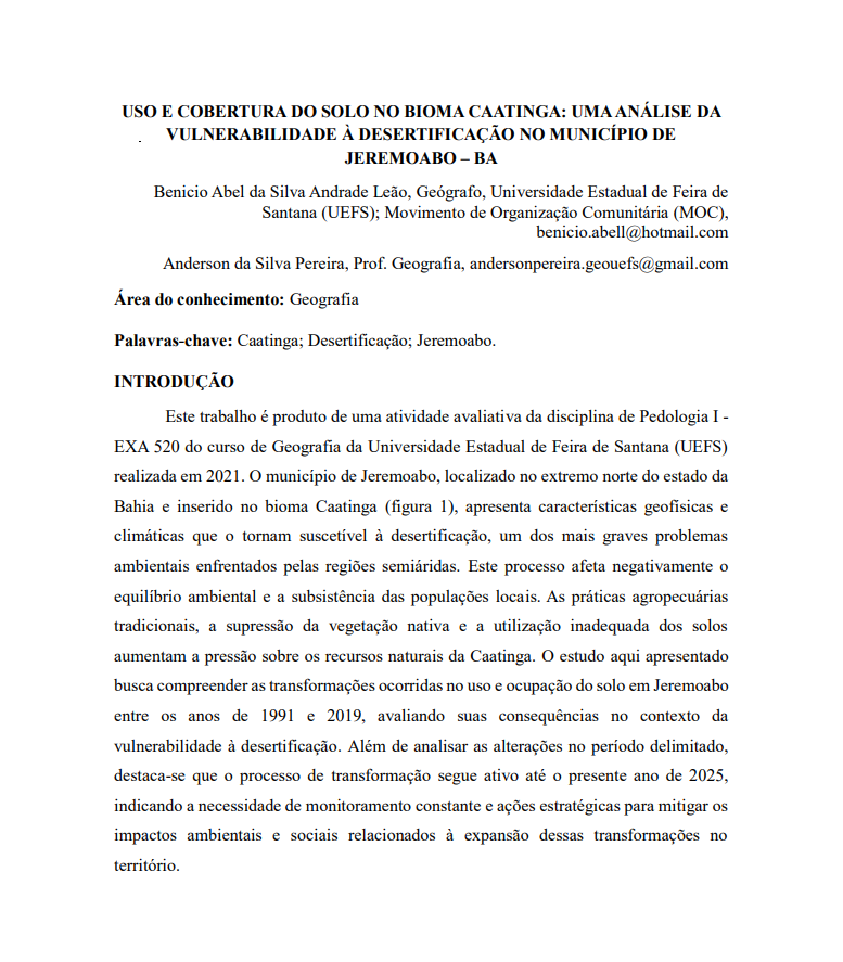 USO E COBERTURA DO SOLO NO BIOMA CAATINGA: UMA ANÁLISE DA VULNERABILIDADE À DESERTIFICAÇÃO NO MUNICÍPIO DE JEREMOABO - BA